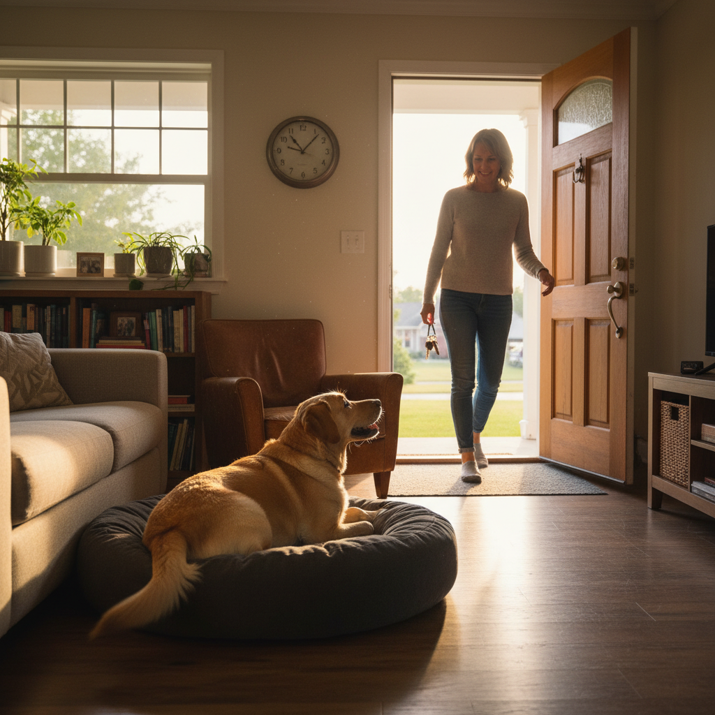 Labrador lying by the door, tail wagging but not standing, as owner arrives home
