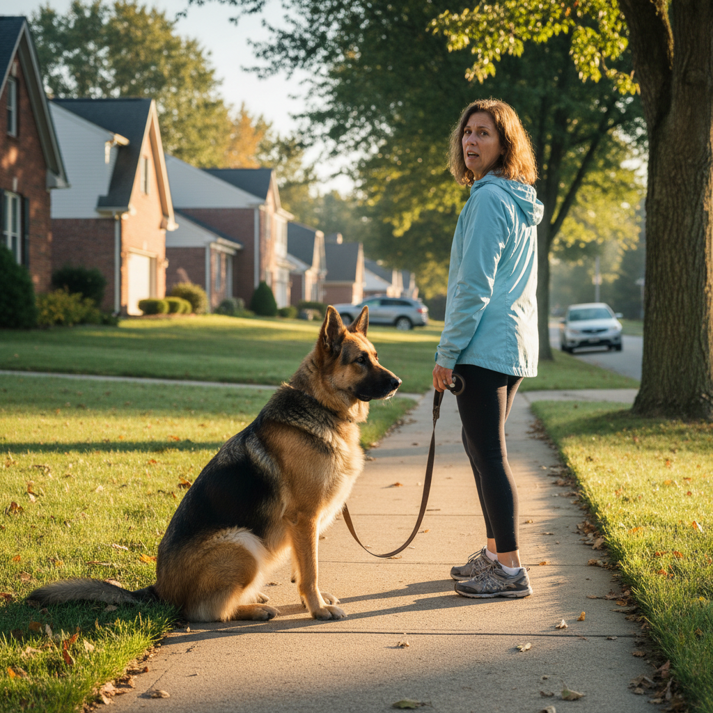 Large dog sitting on sidewalk mid-walk while concerned owner looks back