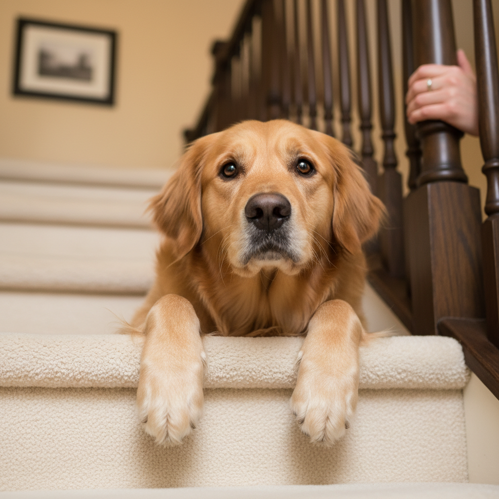 Close-up of dog's paws hesitating at the first stair step