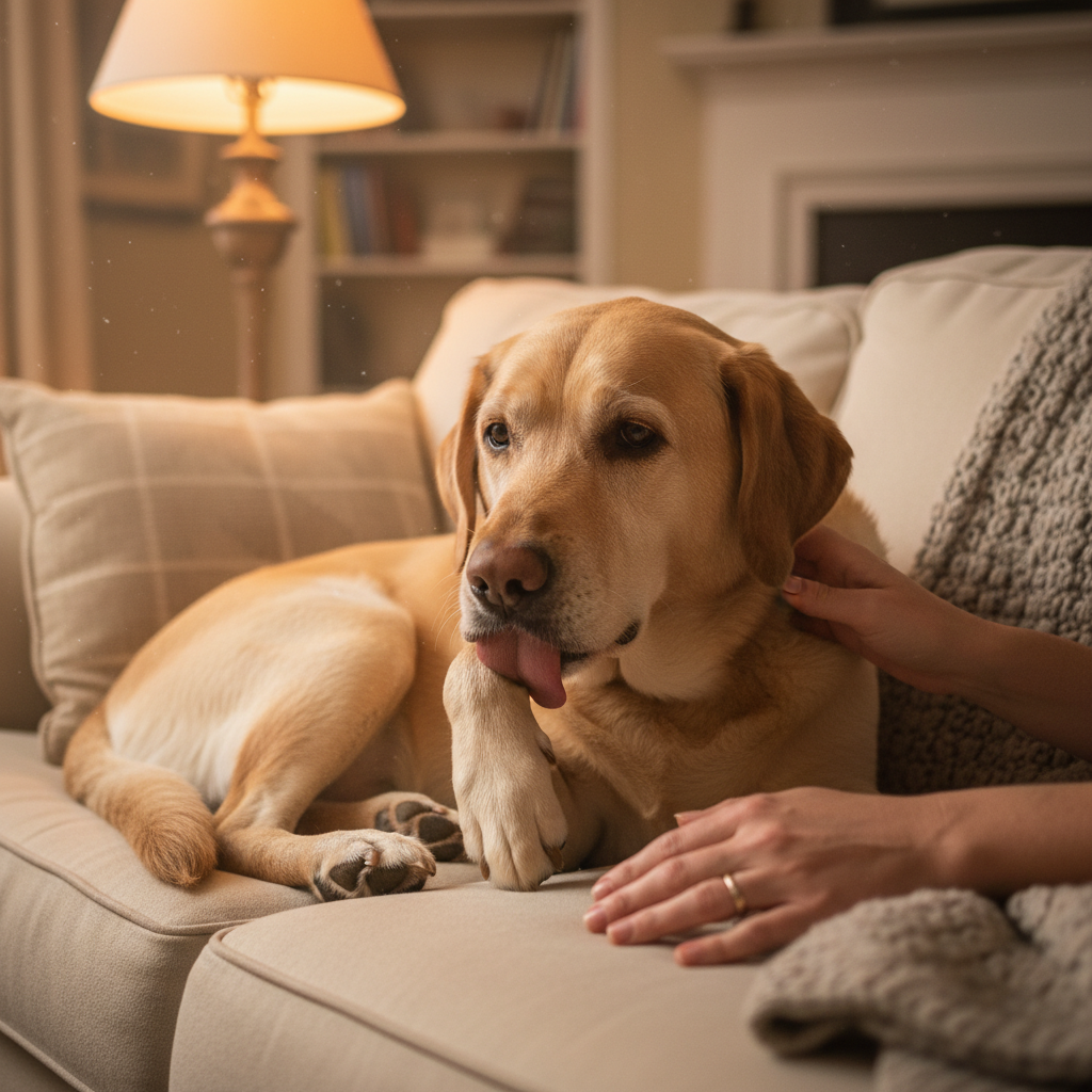 Senior Labrador licking its wrist joint while resting on the couch
