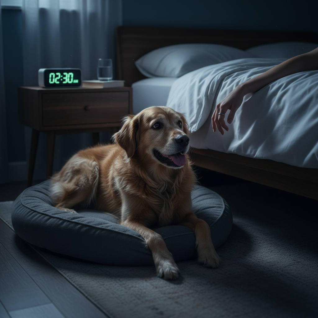 Dog lying awake and panting on its bed at 2:30 AM, owner's hand reaching down