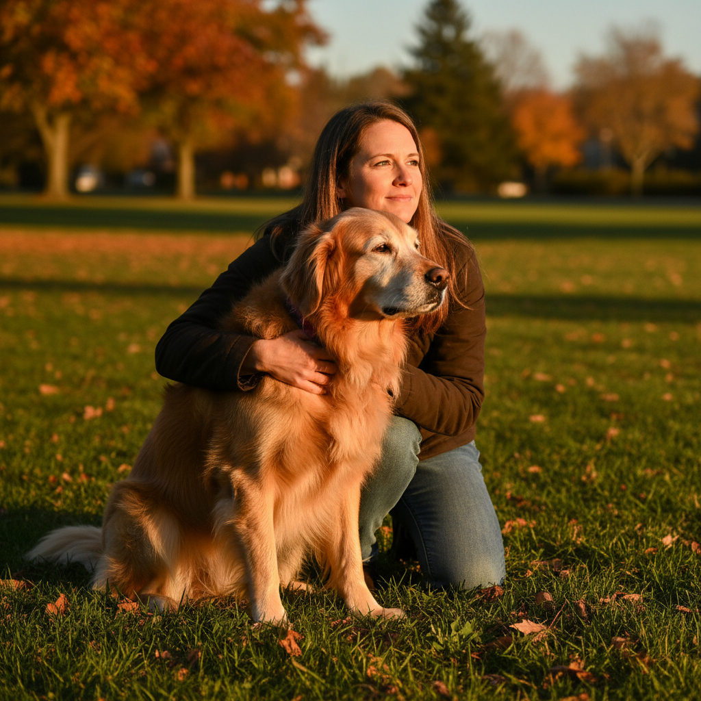 Woman kneeling beside her senior dog in a park at golden hour, arm around the dog