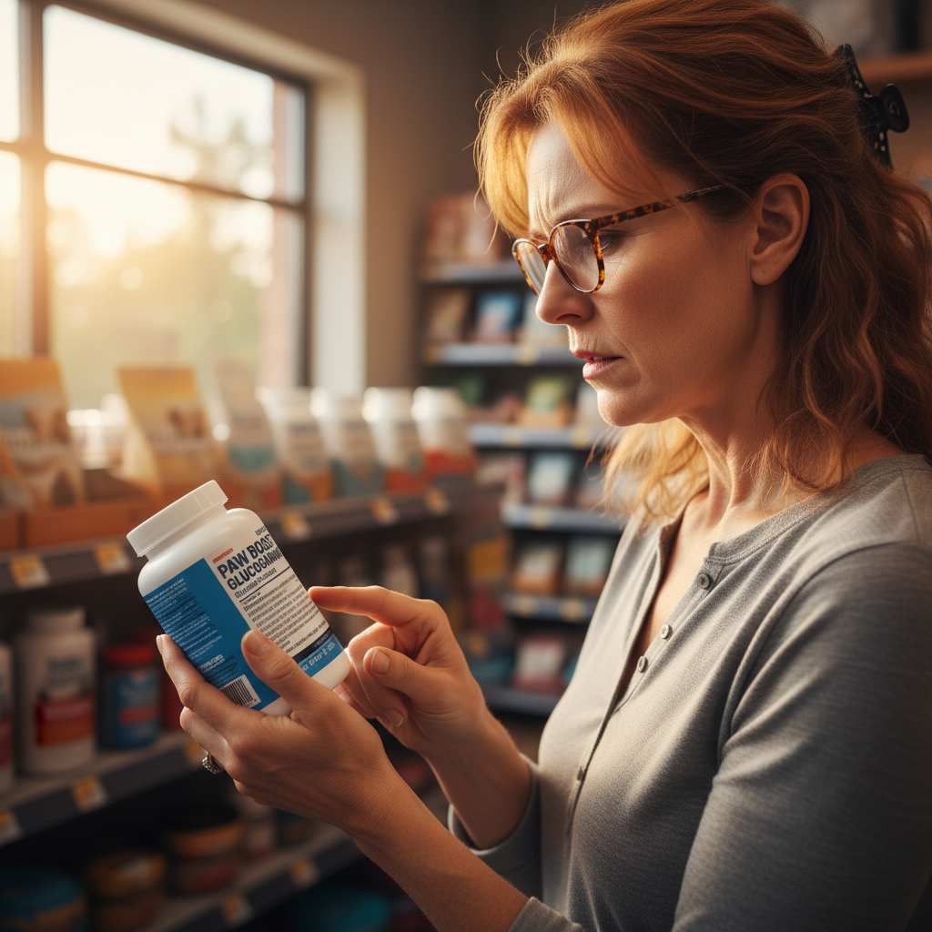 Dog owner carefully reading supplement label ingredients and sourcing information