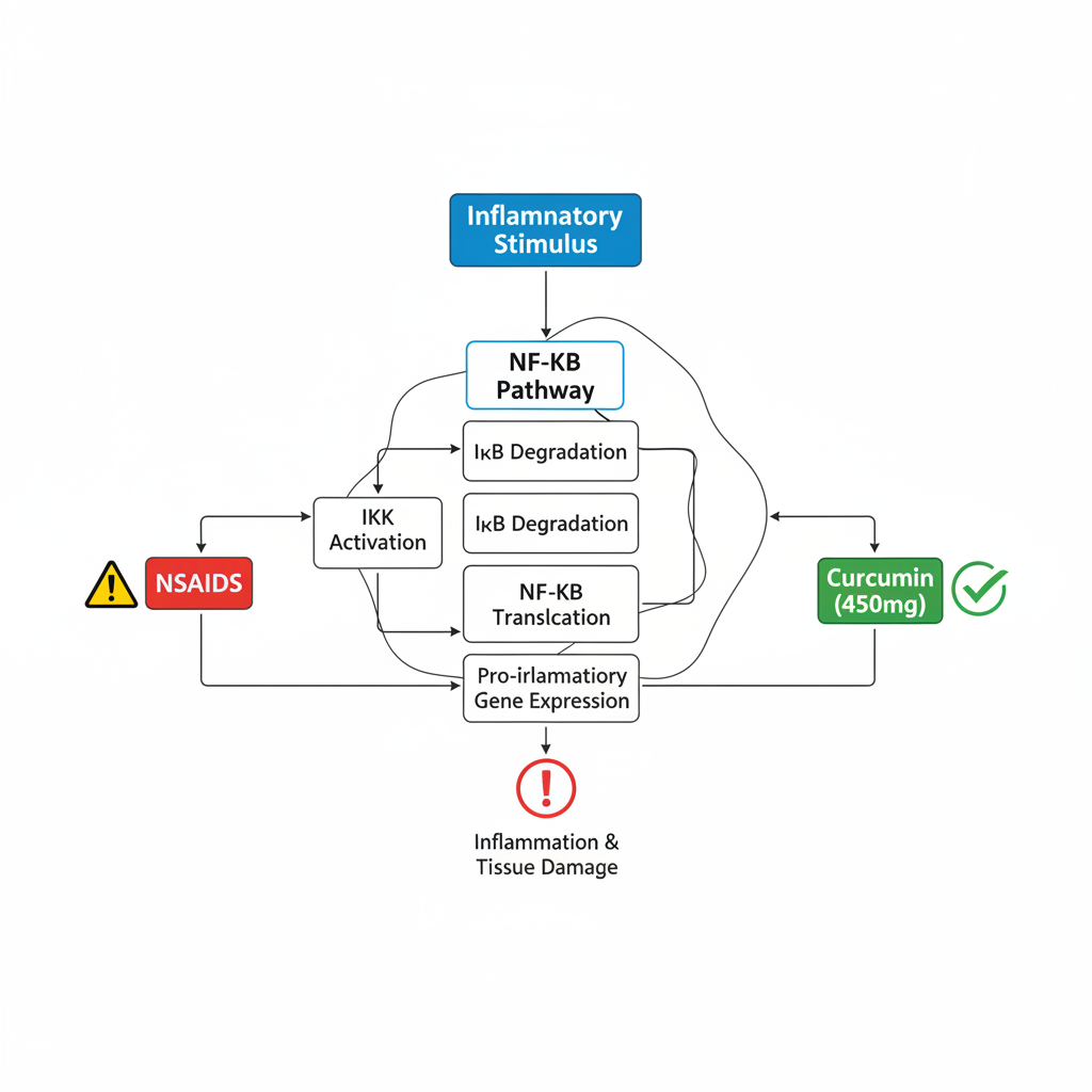 Diagram comparing how NSAIDs and curcumin both target the NF-kB inflammation pathway