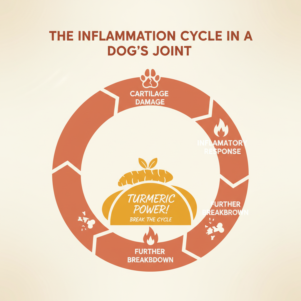 Infographic showing how turmeric breaks the self-perpetuating inflammation cycle in dog joints