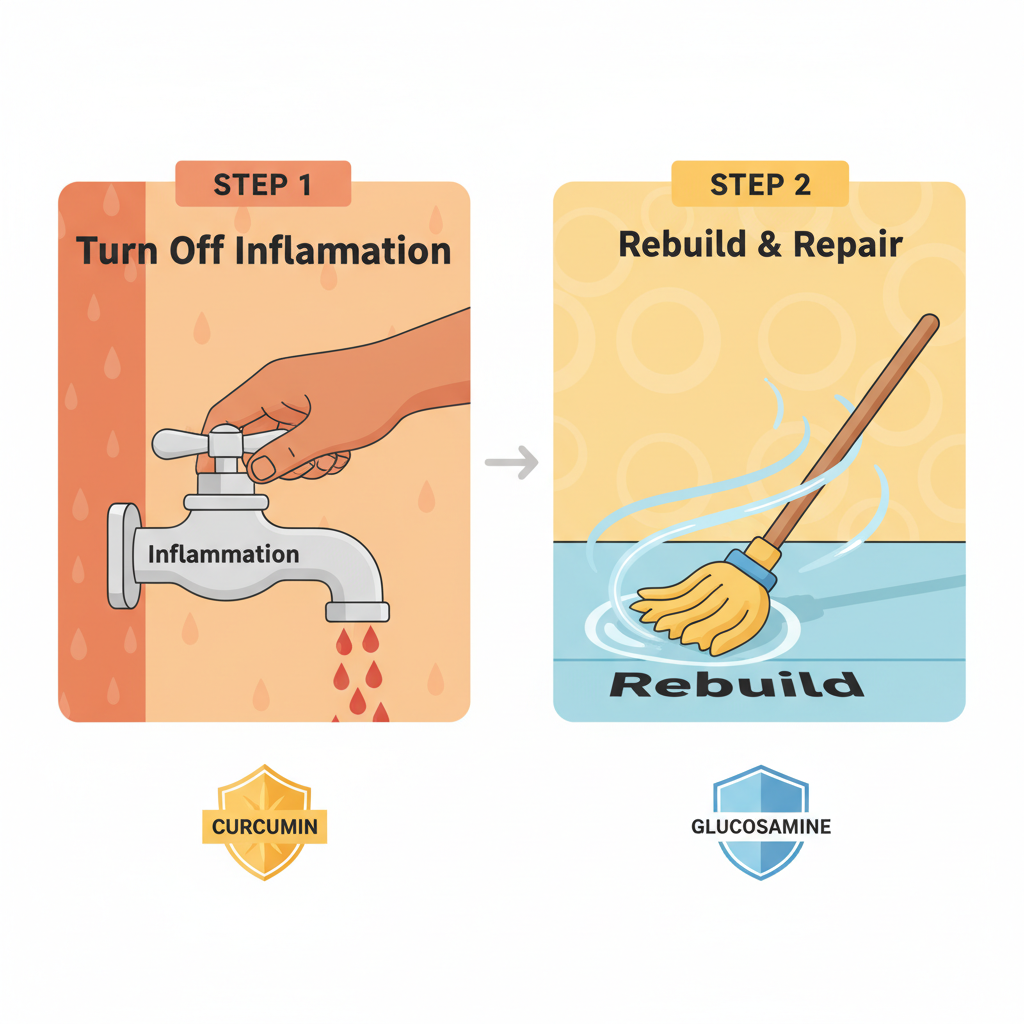 Two-step diagram showing how curcumin stops inflammation first so glucosamine can rebuild