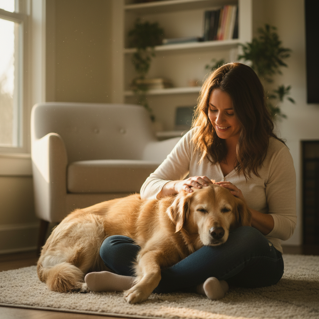 Owner sharing a quiet, connected moment with her senior dog who is resting its head in her lap