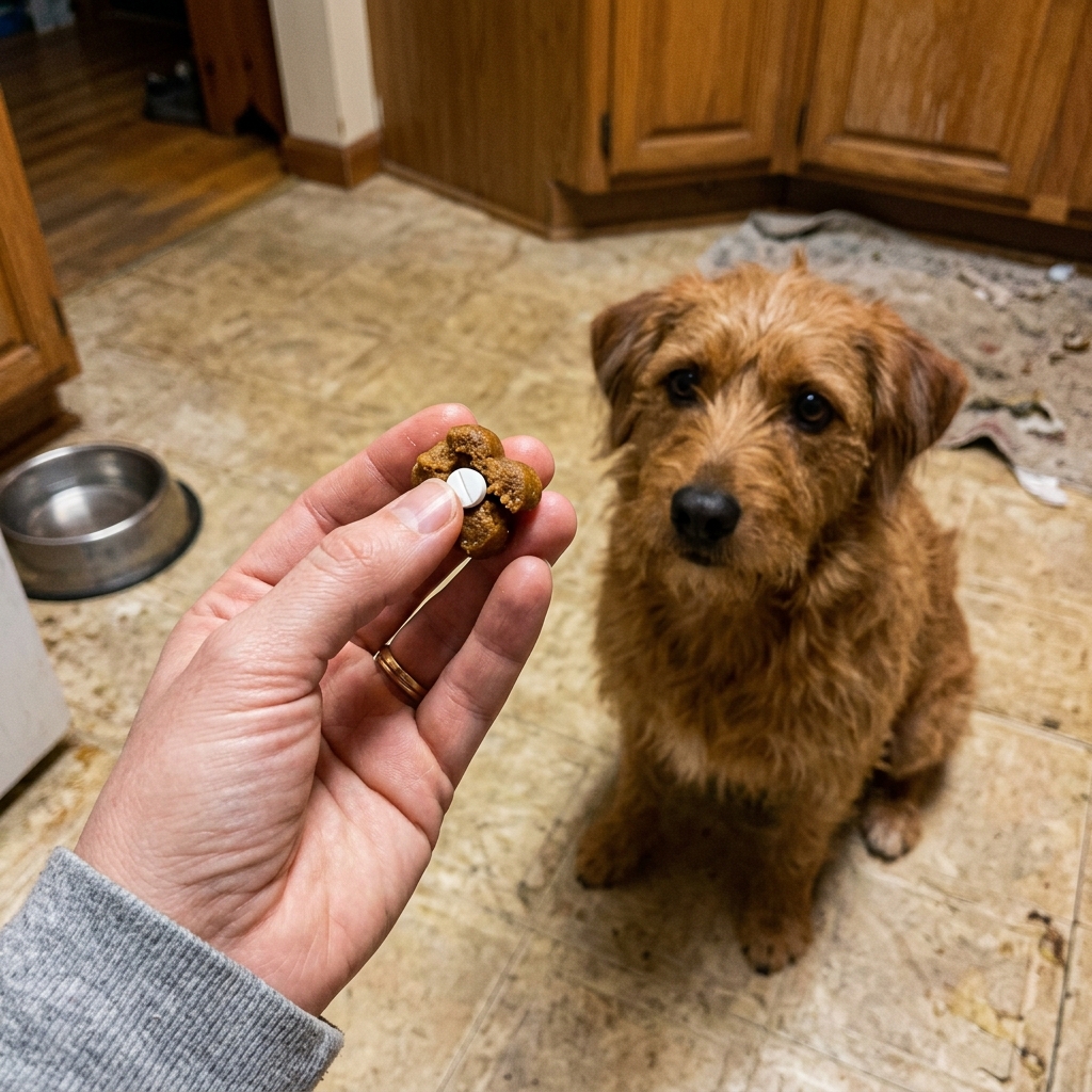 Concerned dog owner holding medication bottle in veterinary clinic