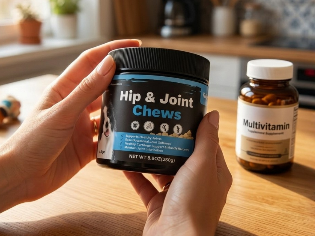 Woman comparing supplement bottle labels at kitchen table