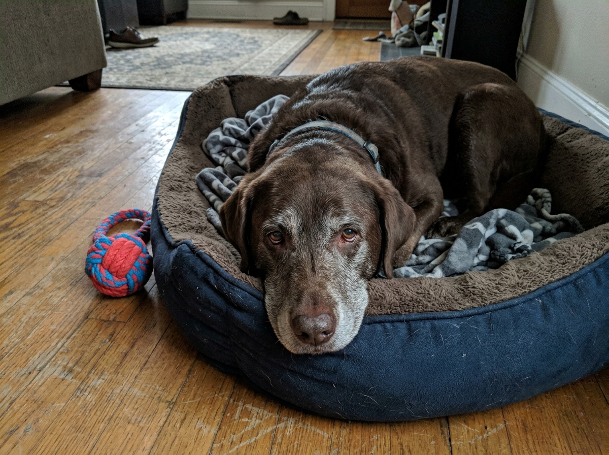 Large dog hesitating at the bottom of stairs while owner looks back from the top