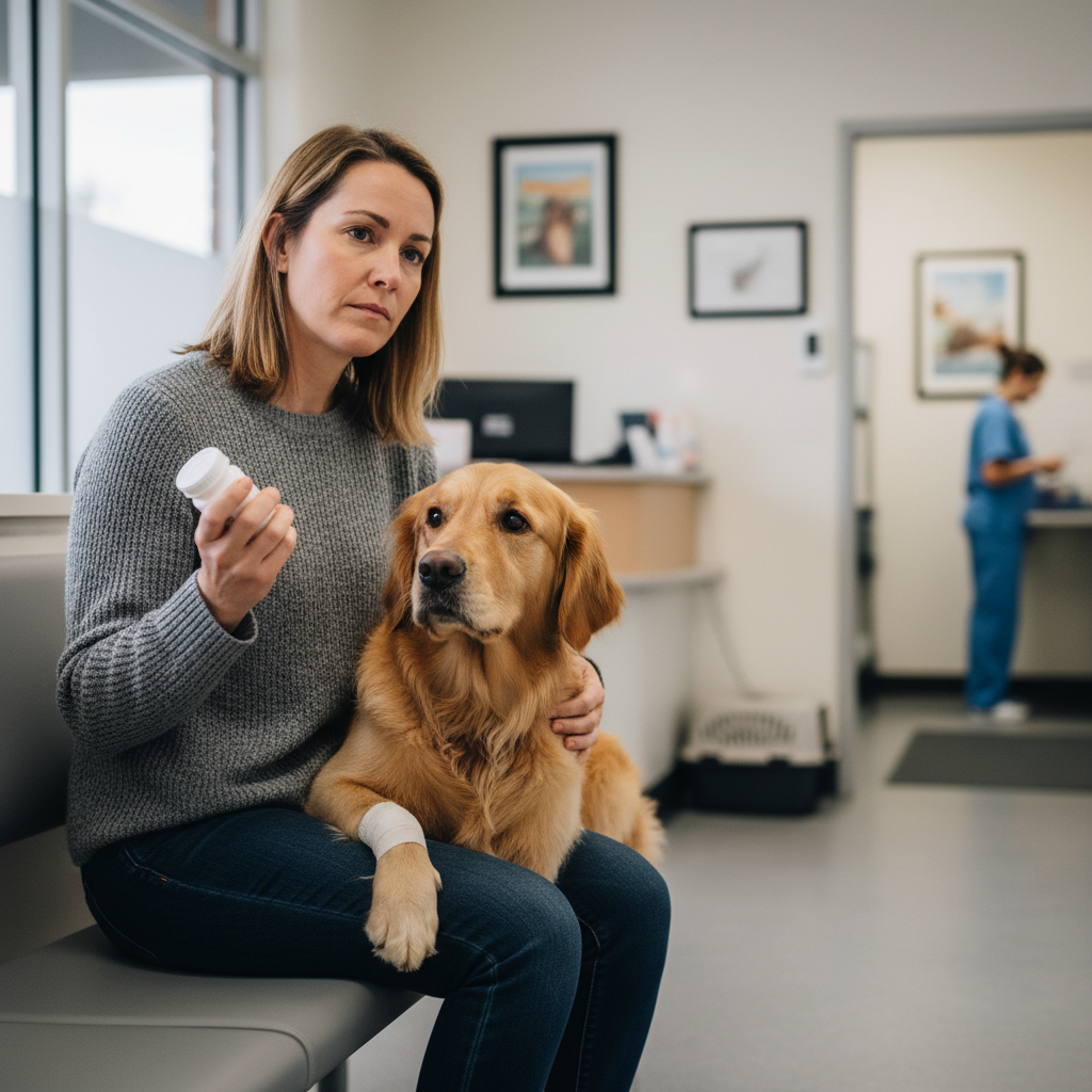 Concerned dog owner holding medication bottle in veterinary clinic