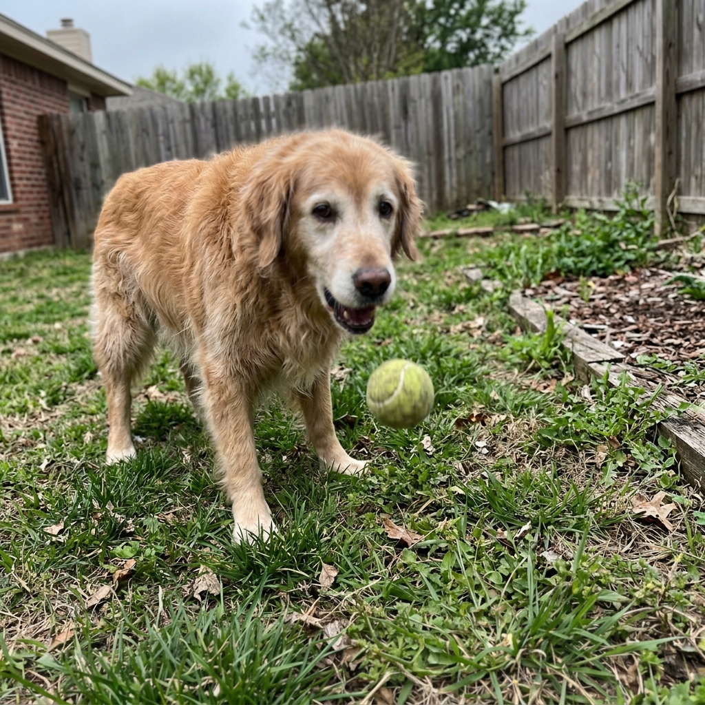 A senior Golden Retriever in a backyard with a tennis ball in mid-air