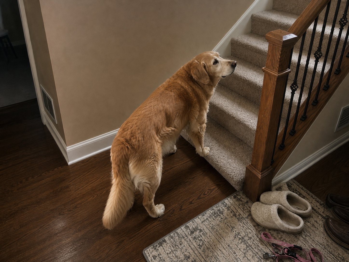 Dog pausing at the bottom of a staircase