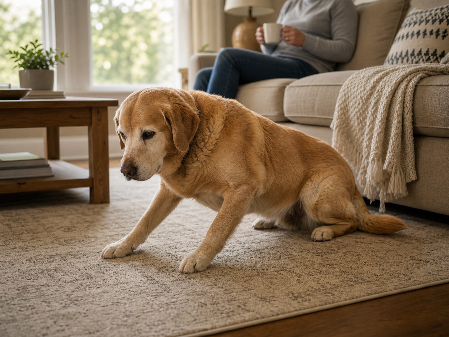 Senior dog rising slowly from a rug in the morning