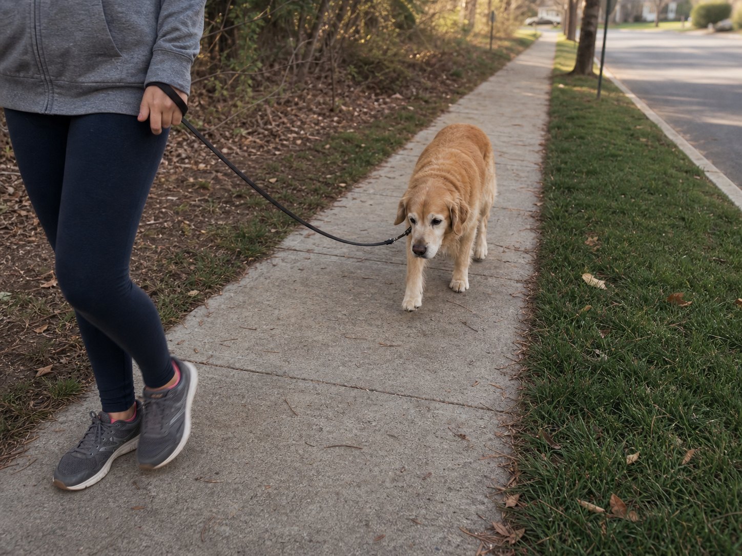 Dog lagging behind owner on a walk