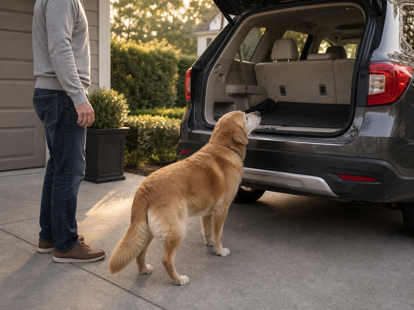 Dog hesitating before jumping into the back of a car