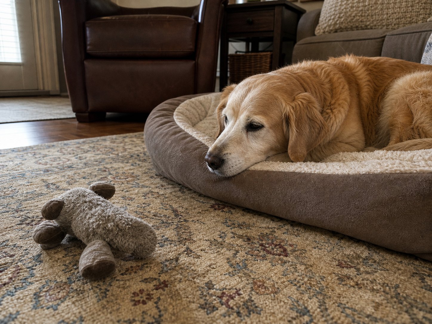 Dog resting on a bed instead of playing