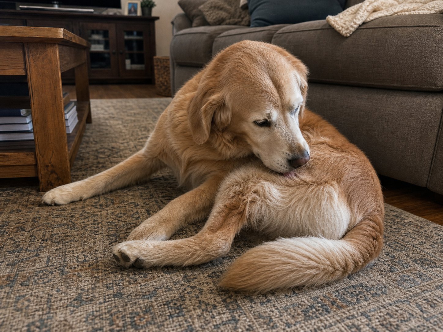 Dog licking at its hip joint
