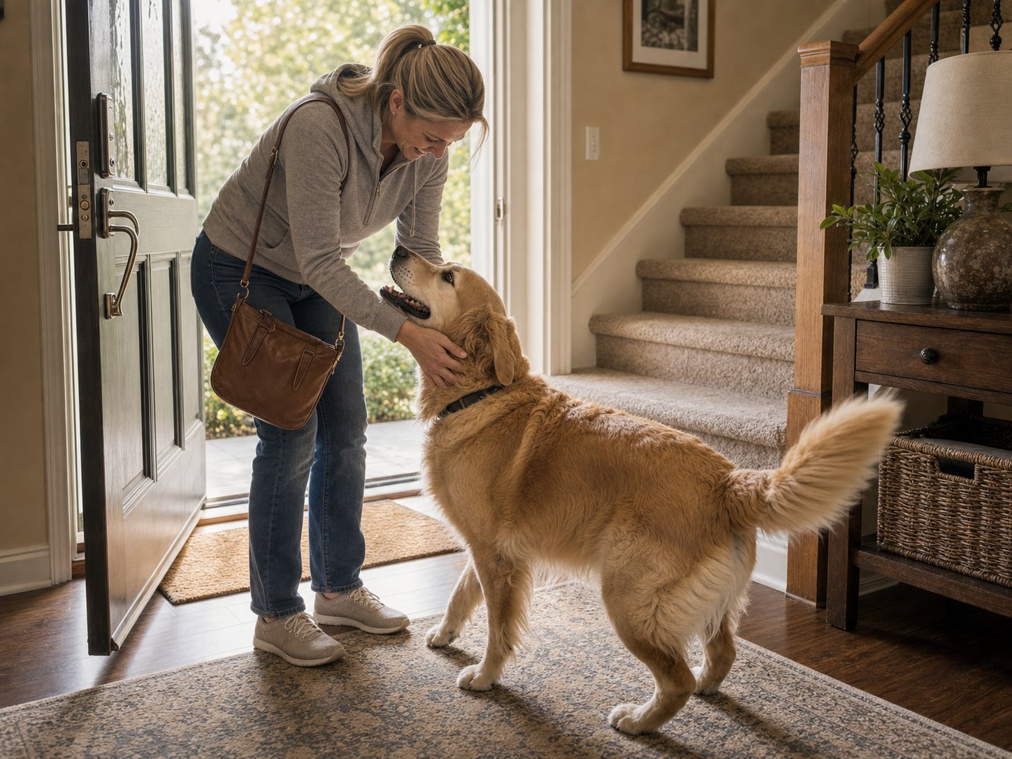 Dog greeting owner happily at the door