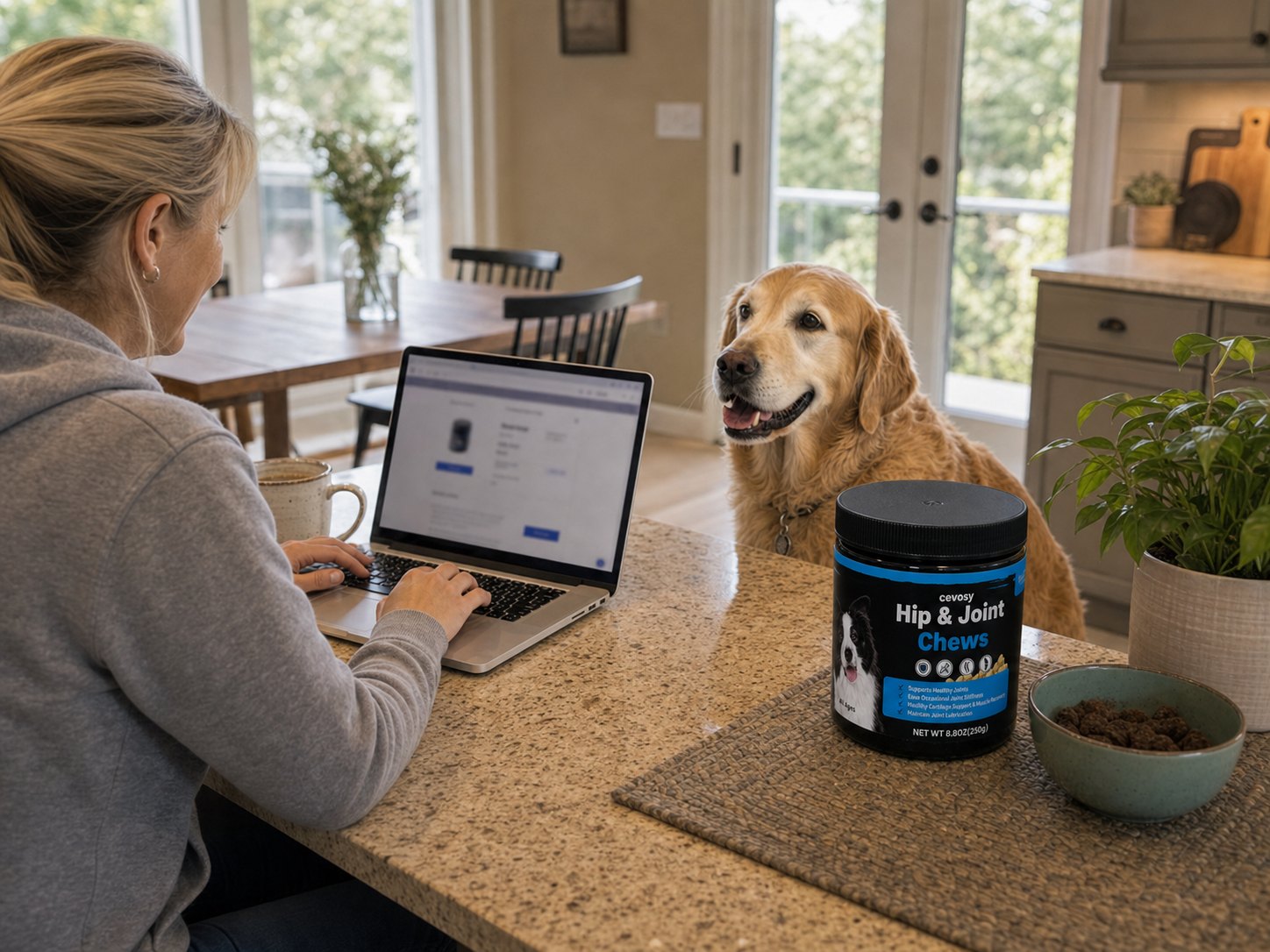Owner reordering Cevosy on a laptop with dog nearby