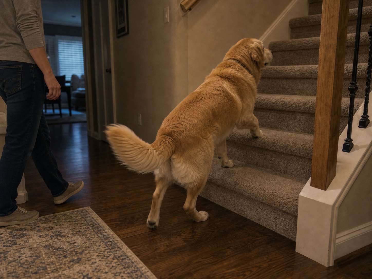 Dog climbing stairs at home