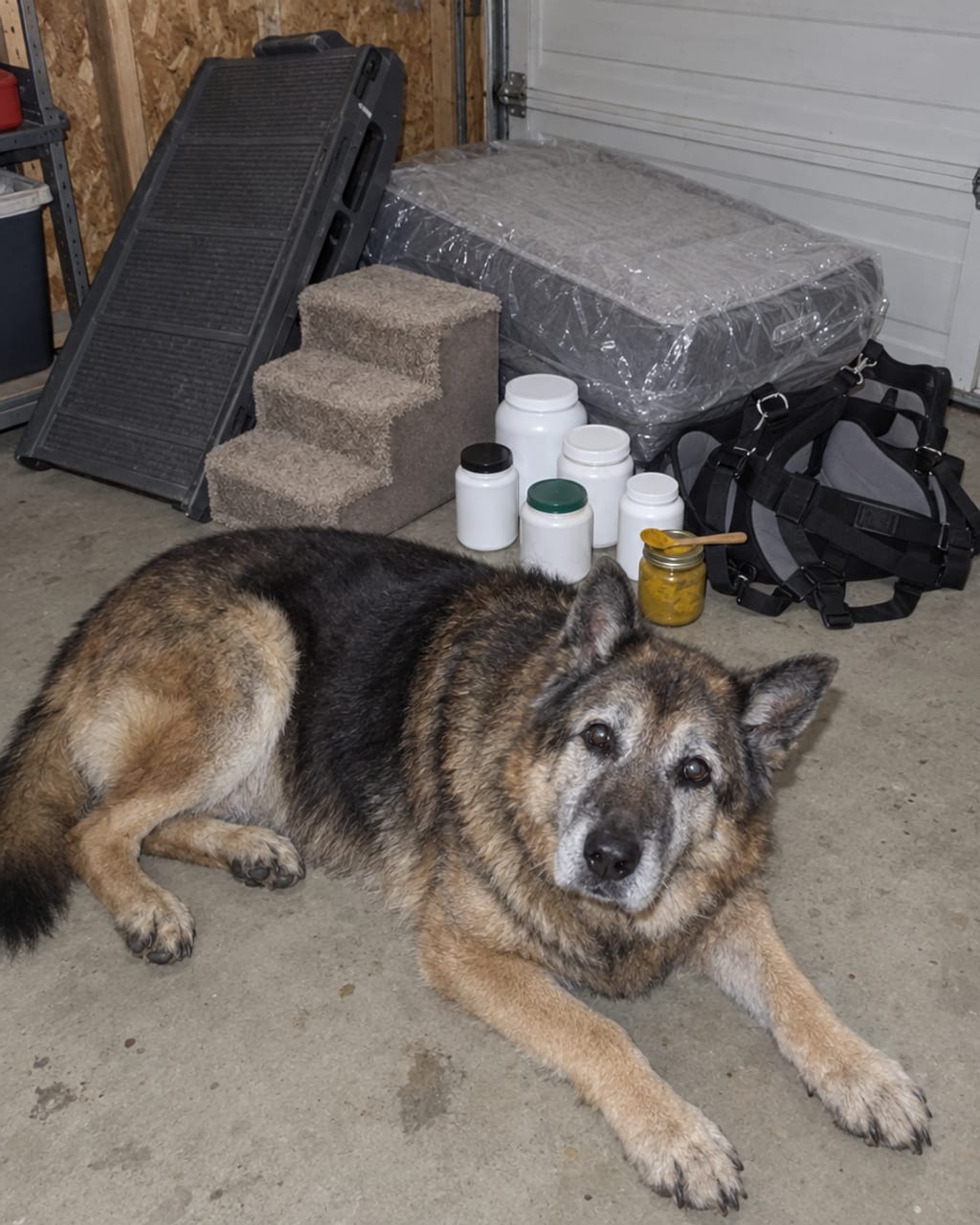 A big senior German Shepherd mix lying in front of a dog ramp, small pet stairs, a dog bed in plastic and half-used jars